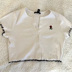 SHEIN White Crop Top with Rose Embroidery